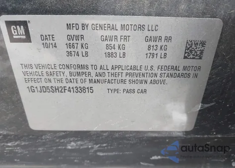 2015 Chevrolet Sonic Lt Manual z USA, uszkodzony, nr VIN 1G1JD5SH2F4133815